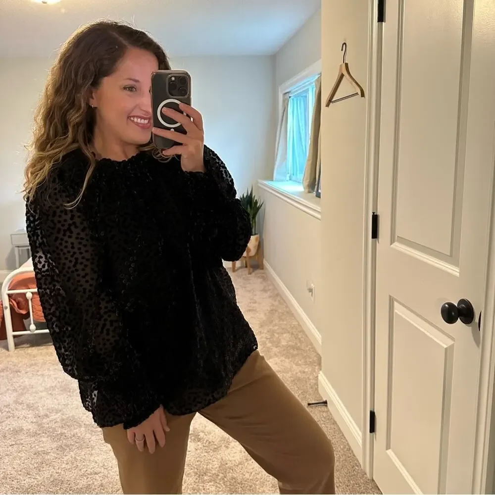 Anthropologie Shoshanna Black Brown Velvet Polka Dot Blouse Top Large